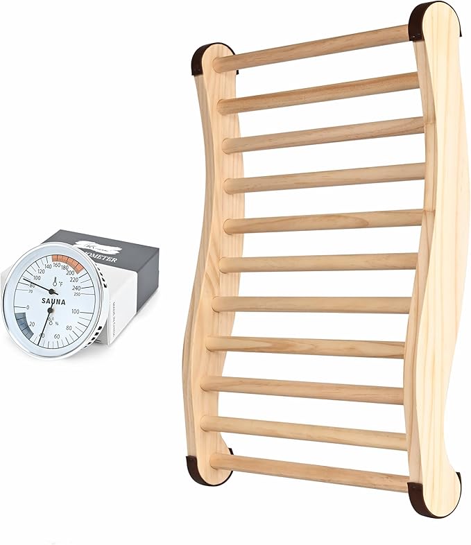 Upgraded Sauna Backrest Sauna Accessories, S-Shaped Design with Non-Slip Pads, Handmade Infrared Sauna Kit, 2 in 1 Thermometer Hygrometer (Fahrenheit) Temperature: 70-250°F, Humidity: 0-100%