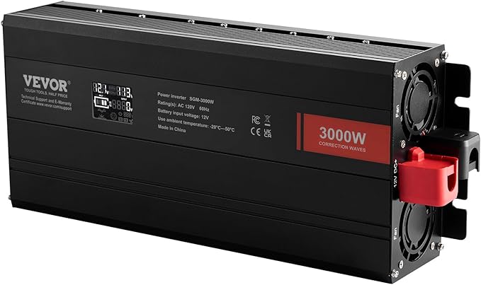 VEVOR Modified Sine Wave Inverter, 3000Watt Power Inverter DC 12V to AC 120V LCD Display with 3 AC Outlets 2 USB Port 1 Type-C Port 10 Spare Fuses, for Large Household Equipment, CE FCC Certified