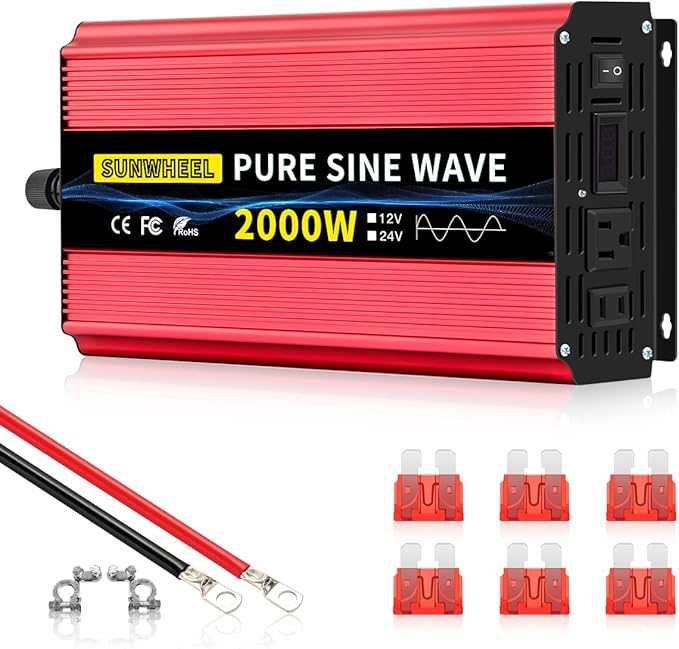 SUNWHEEL 2000W Pure Sine Wave Inverter, 12V DC to 110V/120V AC Power Inverter for RV、Microwave、Off Grid、Truck、Refrigerator、Air Conditioner with 2 AC outlets and LCD Display