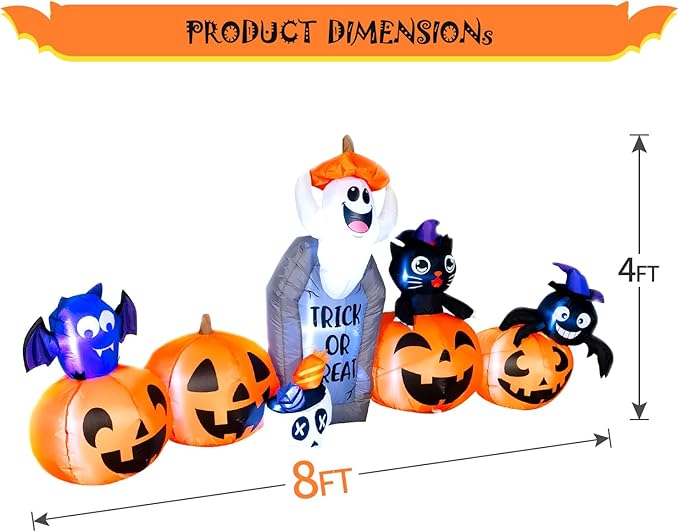 DomKom 8FT Halloween Inflatable Decorations, Blow Up Pumpkins and Tombstone Ghost Cat Bat Spider, LED Lights, Holiday Decoration for Halloween Party Outdoor, Yard, Garden Lawn Décor