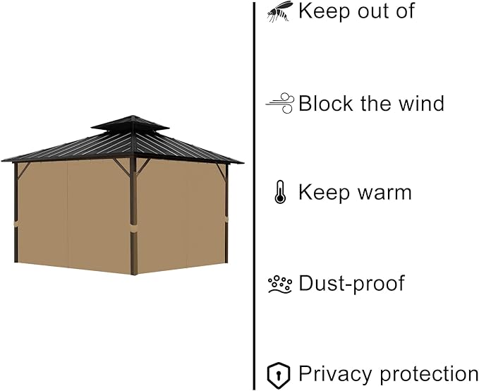 Gazebo Universal Replacement Privacy Curtain, 12'X12' Gazebo Curtains Outdoor Waterproof, 4-Panels Sidewall with Zipper for Patio, Garden and Backyard (Only Curtains, 12'X12', Beige)