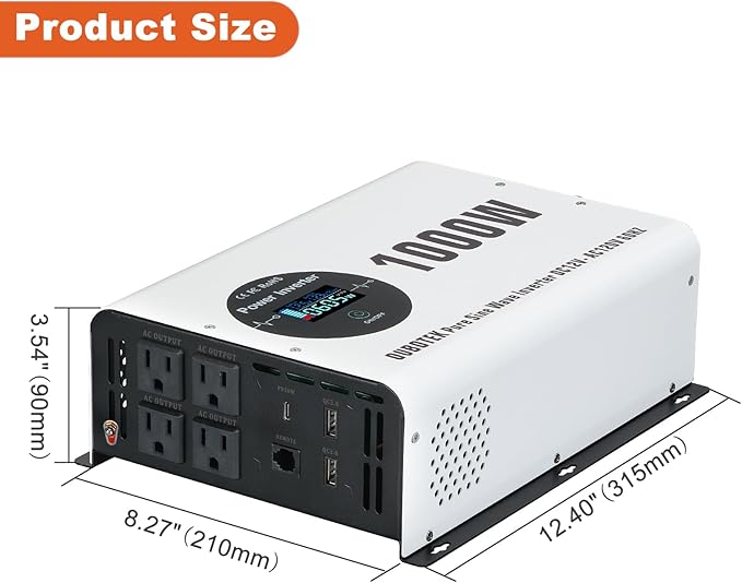 1000 Watts Power Inverter Peak Power 2000W Pure Sine Wave 12V DC to 120V AC RV Converter with Wireless Remote Control LCD Display 4 AC Outlets Dual USB Port Type C Off Grid Solar Inverter