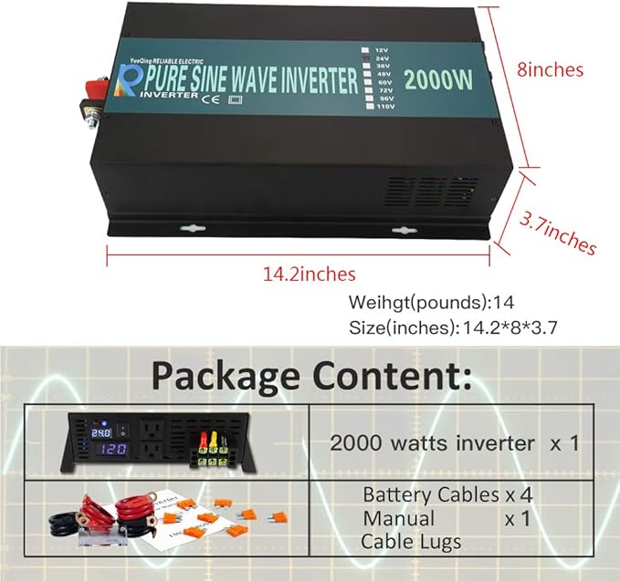 WZRELB 2000W 24V 120V Pure Sine Wave Power Inverter with 2 AC Outlets,Car Inverter