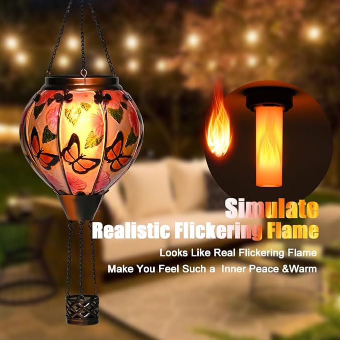 Hot Air Balloon Solar Lantern - Butterfly Stained Glass Lantern, Simulated Flickering & Dancing Flame, Outdoor Hanging Yard Light Waterproof IP65 for Patio Lawn Porch Decor Gift
