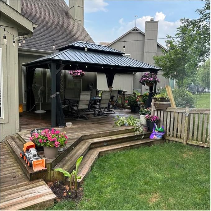 Domi 12' x 14' Hardtop Gazebo Outdoor Metal Gazebo with Galvanized Steel Double Roof Canopy, Curtains and Netting for Patio, Backyard, Deck, Lawn, Grey