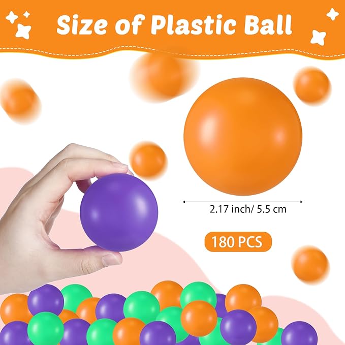 Shappy 180 Pcs Soft Plastic Balls for Toddlers, Crush Proof Ocean Balls Reusable for Photo Booth Props Play Tent Swimming Pool Party Holiday Decoration (Purple， Green， Orange)