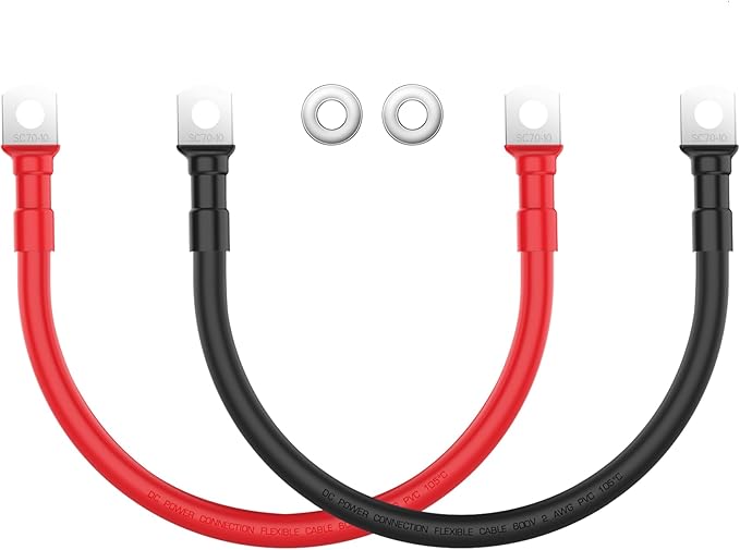 LEESKY 2 AWG Battery Cables 2 Gauge 1Feet Pure Copper Battery Inverter Cables 3/8 Inch Terminals for Golf Cart, Power Inverter, Solar, RV, Marine