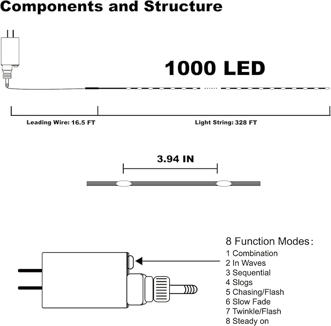 WATERGLIDE Extra Long 328 FT Fairy String Lights, 1000 LED Outdoor Green Wire Christmas Lights, Plug in Mini Light 8 Modes & Waterproof for Outside Xmas Tree Holiday Wedding Party Decor, Warm White