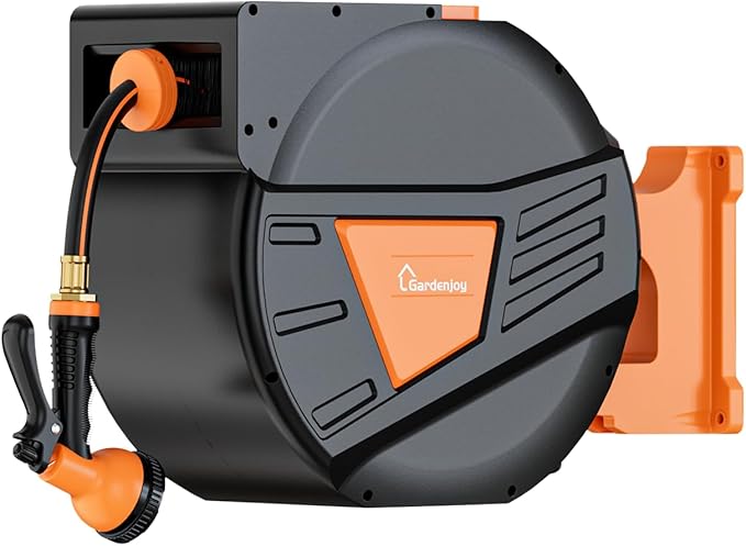 GARDENJOY Retractable Garden Hose Reel, 90 ft x 5/8 inch Heavy Duty Garden Hose with 180°Swivel Wall Mounted Bracket, 10 Pattern Sprayer Nozzle, Any Length Lock & Slow Return System