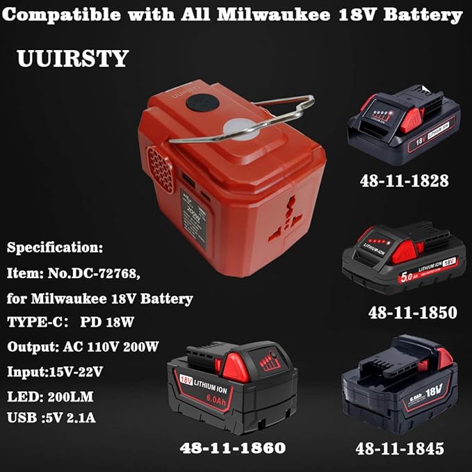200W Power Inverter for Milwaukee M18 Battery, DC 20V to AC 110-120V 18V Inverter, Powered Outlet with 1 USB Ports & 1 Type-C & 1 AC Outlet,LED Portable Power Station Adapt(No Battery)