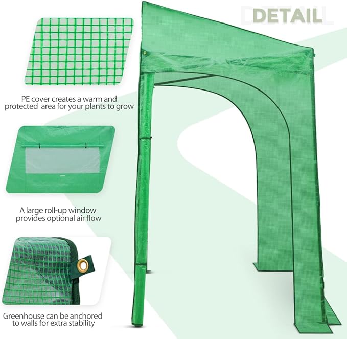 EAGLE PEAK Replacement Cover for 9x4 Portable Lean-to Greenhouse, 2 Roll-Up Zipper Entry Doors and 1 Large Roll-Up Side Window (Frame Not Included), Green