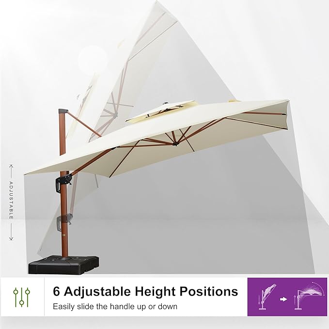 PURPLE LEAF 10' X 13' Double Top Deluxe Wood Pattern Rectangle Patio Umbrella Offset Hanging Umbrella Outdoor Market Umbrella Garden Umbrella, Cream