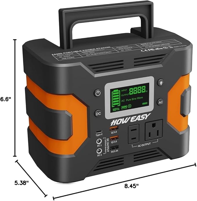 HOWEASY Portable Power Station 300W(600W Peak), 236Wh Solar Generator with Pure Sine Wave 110V AC Output, Backup Lithium Battery with LED Light for Outdoor Camping Travel Home Blackout