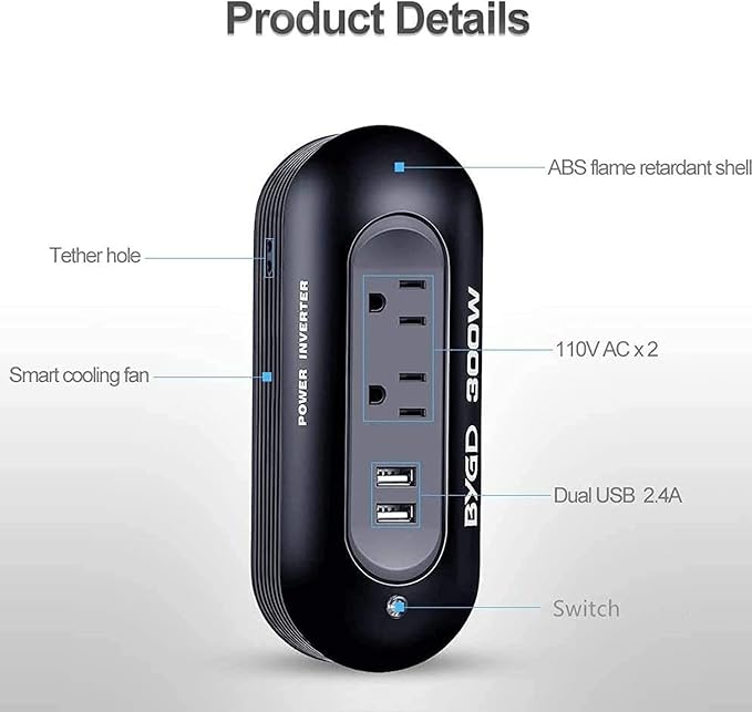 300W Power Inverter 12V DC to 110V AC Car Adapter with 4.8A Dual USB Ports and AC Outlets, Portable Compact Power Converter for Laptop, Phone, Tablet, RV, Camping(Black)