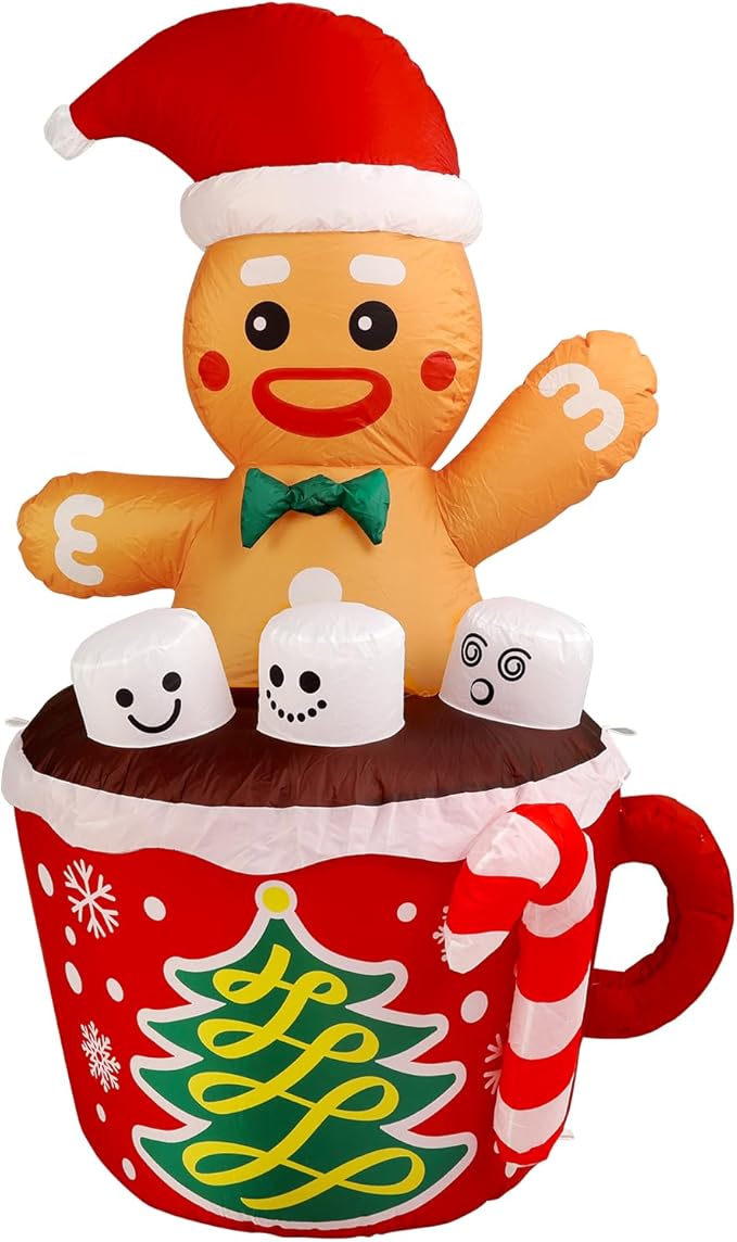 WBHome 5 Ft Christmas Inflatable Gingerbread Man in Cocoa Outdoor Decorations, Xmas Blow Up Yard Decor with Built-in LED Light for Lawn Home Party Indoor Outdoor