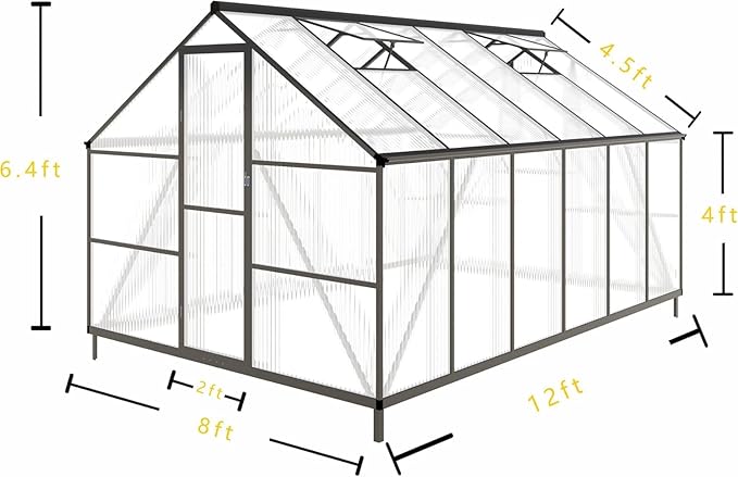 CQZY 8x12 FT Greenhouse for Outdoors, Polycarbonate Greenhouse with Quick Setup Structure and Roof Vent, Aluminum Large Walk-in Green House for Outside Garden Backyard, Dark Gray