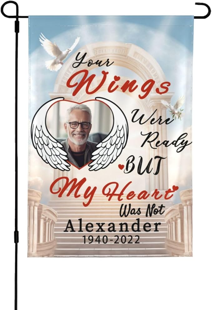 Custom Memorial Flag Personalized Garden Flag for Cemetery in Loving Memory with Photo Name Date Memory Flags Outdoor Double Sided Yard Flags (A-Memorial Flag, 12x18(in))