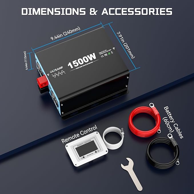New Upgraded 1500 Watts Pure Sine Wave Inverter, 12V DC to 110V AC Power Inverter with 4 AC Outlets, USB Port, Type-C Port for Truck, Vehicle, Power Outage, Remote Control with LCD Screen