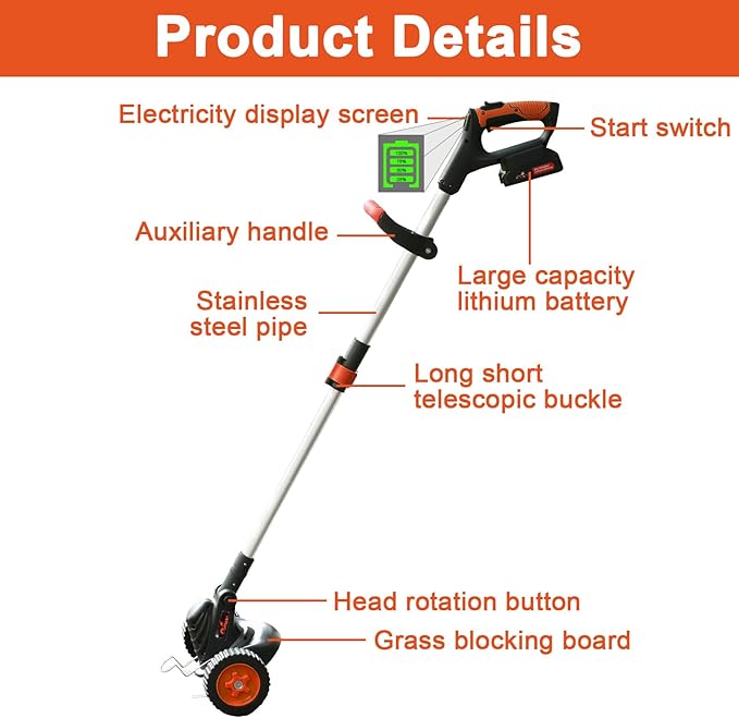 Weed Wacker Eater Cordless Battery Powered Electric Edger Lawn Tool Trimmer String Cordless Whacker Operated Grass Edger Cutter Black-Orange*1 Battery
