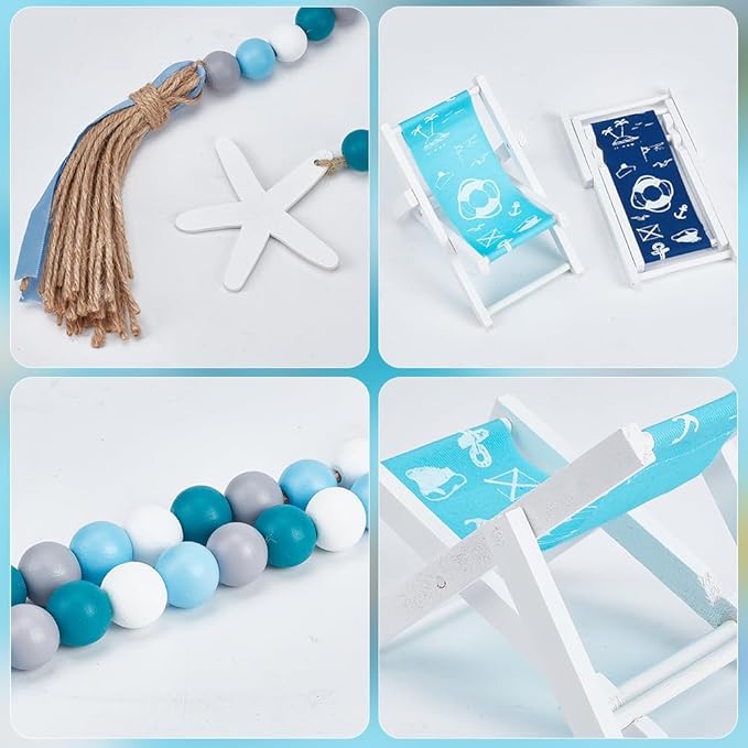 4Pcs 4 Styles Beach Chair Decor Dollhouse Miniature Furniture Accessories Foldable Wooden Beach Chair with 1Pcs Beads Pendant Mini Longue Deck Chairs Doll House Ornament Ocean Theme Decor