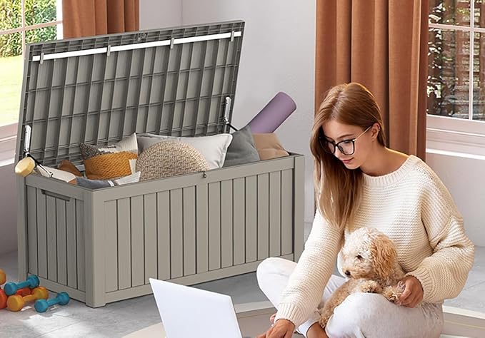 Mars Villa Deck Box, Waterproof and Weatherproof Large Resin Storage Bin with Lockable Lid, Ideal for, Outdoor, Patio Furniture Cushions, Pool Supplies, Garden Tools (119 Gallon, Light Brown)