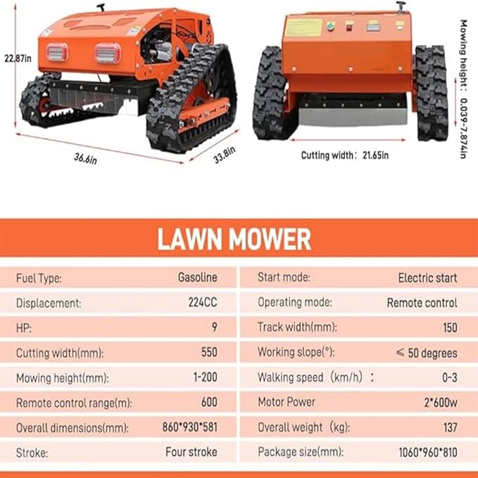 DIGMIGHT9 HP Gas RC Robotic Lawn Mower with Snow Plow - Remote Control Lawn Mower Robot, 600m Range, 21.6" Cutting Width for Slopes, Orchards & Commercial Use (Orange)