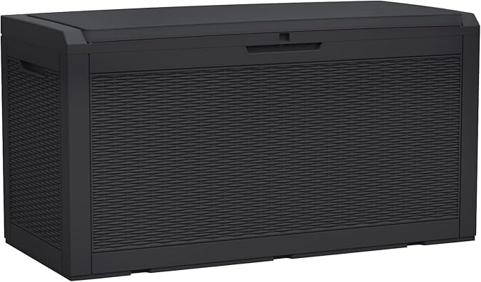 Modern-Depo 100 Gallon Polypropylene PP Deck Box Indoor Outdoor Waterproof Lockable Organization Container & Storage Bin Delivery Box with Cushion, Black