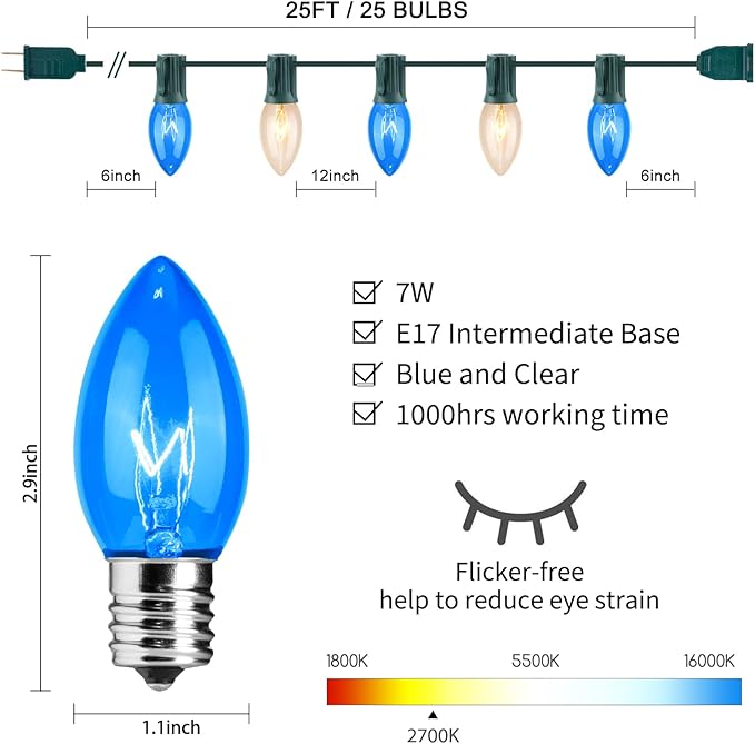 C9 Blue and Clear Christmas String Lights, Outdoor Christmas Lights String, Hanging Roofline Lights, Patio Lights for Outdoor Decor, Green Wire, 25 Feet