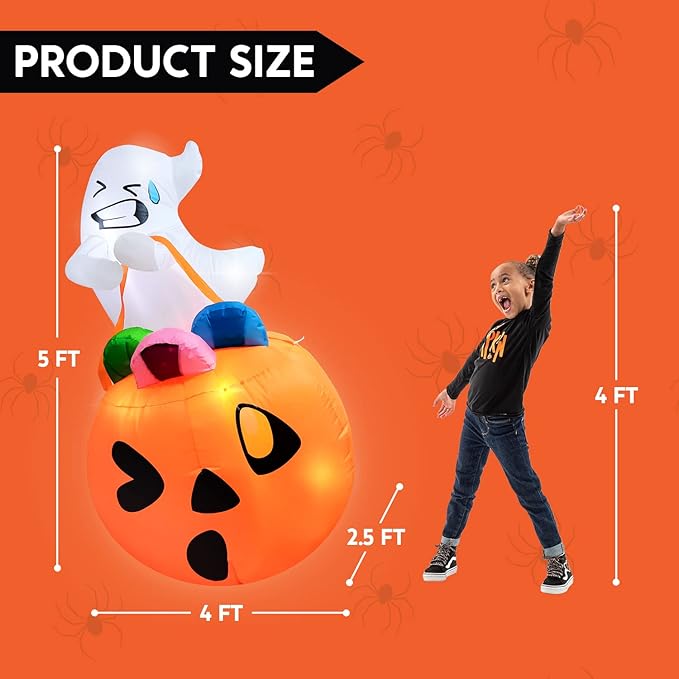 Joiedomi 5 FT Tall Halloween Inflatables Outdoor Decorations, Inflatable Cute Ghost Halloween Decor Outdoor, Blow Up Ghost Lift Pumpkin Candy Bag with Build-in LEDs for Yard Decorations