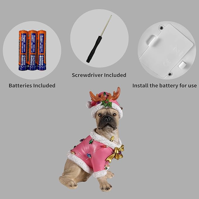 Christmas Outdoor Decoration Dog Statue, LED Light Cute English Bulldog Sculpture with Pink Santa Outfit & Lights for Garden and Yard, Indoor Holiday Décor Gift for mom and dad