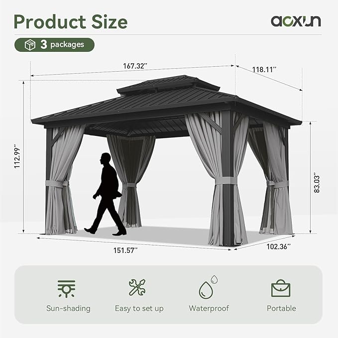 Aoxun 10'x14' Hardtop Gazebo, Aluminum Frame Canopy with Double Galvanized Steel Roof, Outdoor Metal Pavilion with Netting, Curtains for Backyard, Patio and Deck, with Ground Nails