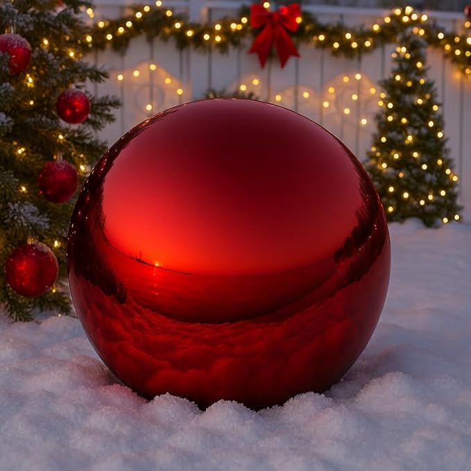 Lulu Decor, Red Stainless Steel Gazing Mirror Ball Size 16, Smooth Reflective Shiny Garden Decoration Globe