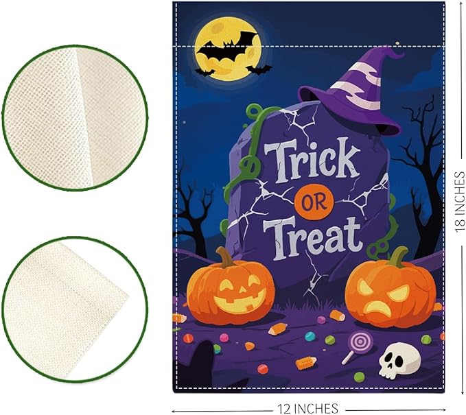 Halloween Garden Flag Trick or Treat Bat Pumpkins Fall Halloween Themed Holiday Party Outside Outdoor Lawn Decorations Yard Flag Double Sided 12x18 Inch
