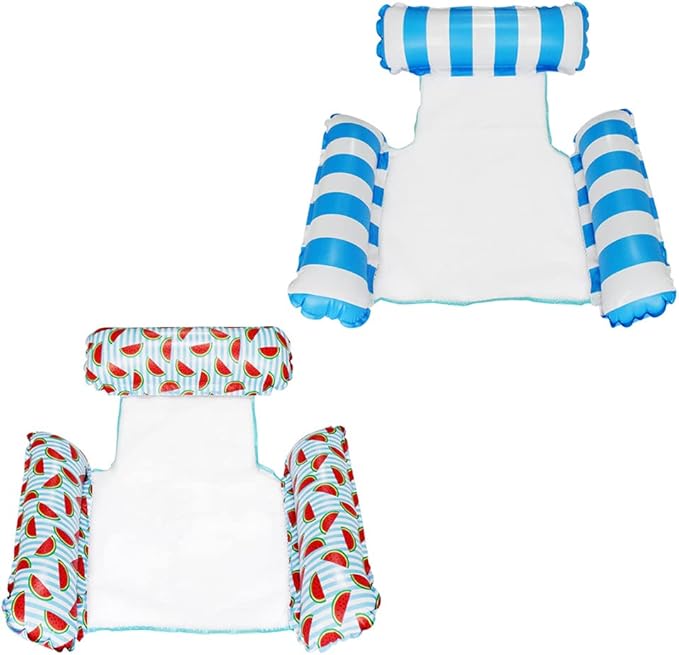 HJW 2-Pack Inflatable Pool Lounger Chair - Multi-Purpose Floating Hammock for Adults, Comfortable Pool Float Raft for Swimming Pool & Water Activities(Striped Light Blue + Watermelon)