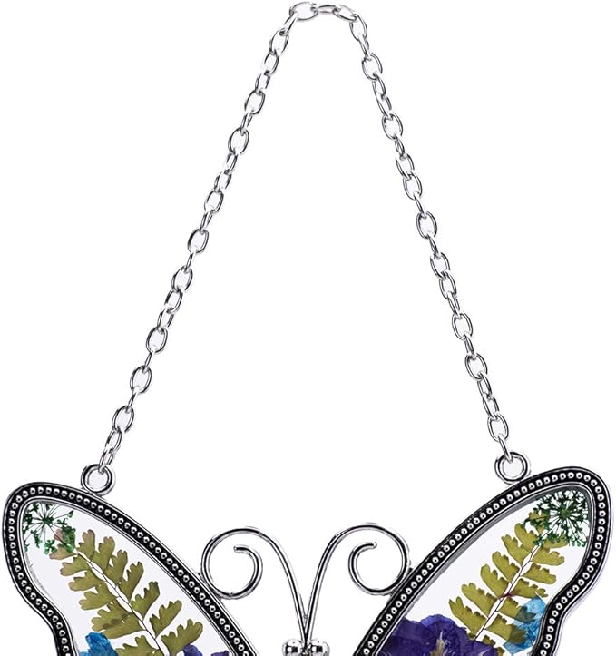 Laraine Butterfly Suncatcher with Pressed Colourful Flower Wings Mom Mother's Day Butterfly Glass Wind Chime Ornament Charm with Metal Heart Gifts for Mom Grandma Birthday (Purple Grandma)