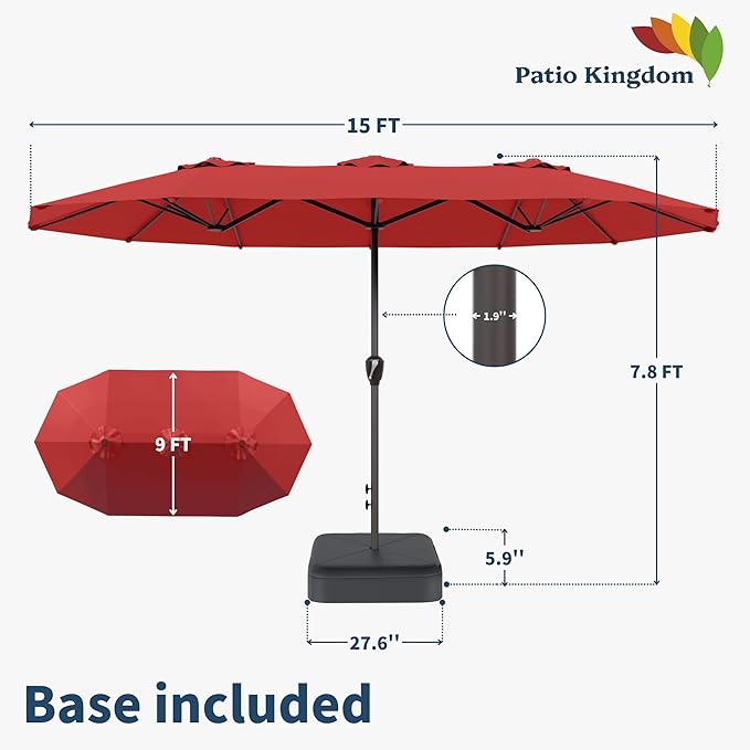 15FT Double Sided Patio Umbrella with Base Included Large Outdoor Market Umbrella with Crank Handle, UV Resistant Canopy, Sturdy Frame for Garden, Poolside, Deck, Red