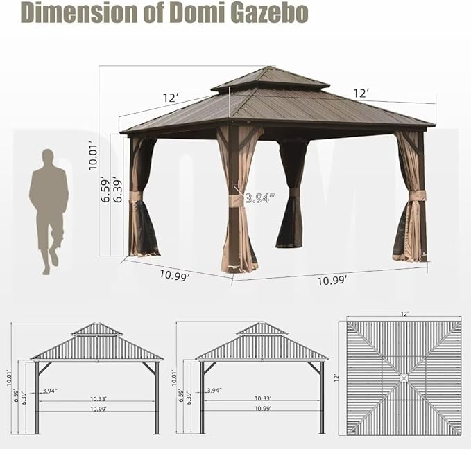 Domi 12'x12' Hardtop Gazebo Canopy,Outdoor Metal Gazebo with Galvanized Steel Double Roof,Curtain and Netting,Permanent Pavilion for Patio Deck,Backyard