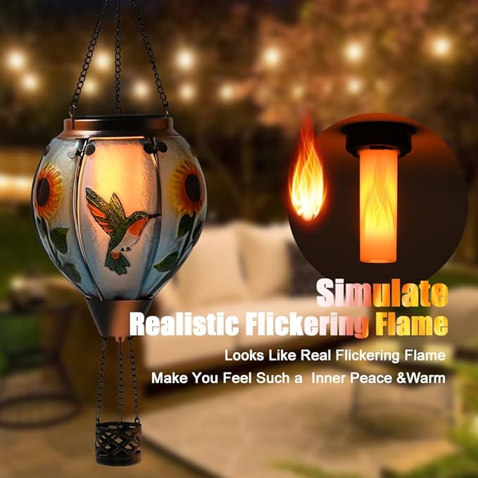 Hot Air Balloon Solar Lantern - Hummingbird Glass Lantern, Simulated Flickering & Dancing Flame, Outdoor Hanging Sunflower Yard Light Waterproof IP65 for Patio Lawn Porch Decor Gift