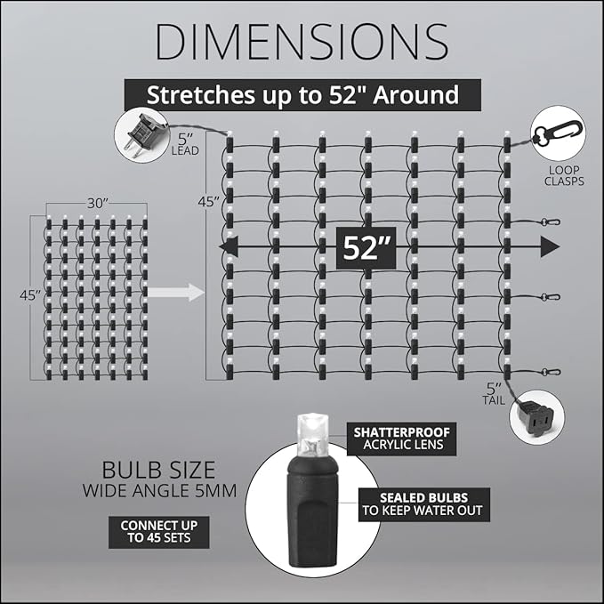 70 Multicolor StretchNet Pro Expandable Christmas Net Lights for Large Trees, LED Tree Wrap Lights - 30" x 45" Stretchable Net - Brown Wire Outside Christmas Lights