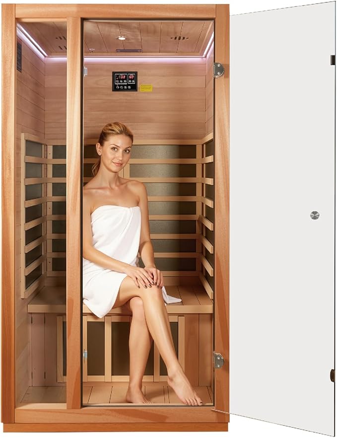 1 Person Far Infrared Sauna for Home, Low EMF Sauna Heater, Chromotherapy Lighting, Premium Wood Home Sauna for Meditation and at Home Spa Relaxation, 1510W/120V (1 Person)