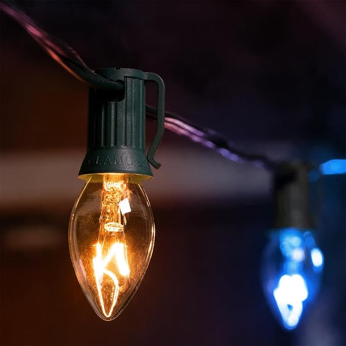 C9 Blue and Clear Christmas String Lights, Outdoor Christmas Lights String, Hanging Roofline Lights, Patio Lights for Outdoor Decor, Green Wire, 25 Feet