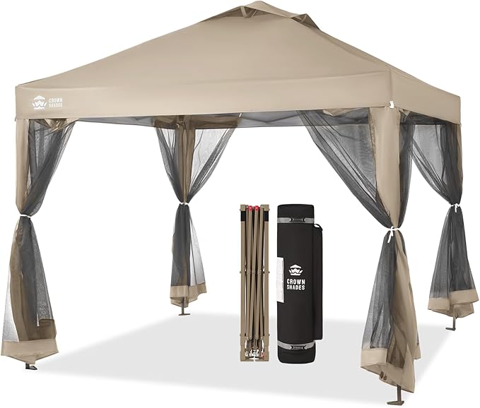 CROWN SHADES Gazebo 10x10 Pop Up Canopy with Mosquito Netting, Screen Tent with 4 Ropes, 8 Stakes, 4 Sandbags and Wheeled Storage Bag, Canopy for Patio & Backyard, Beige