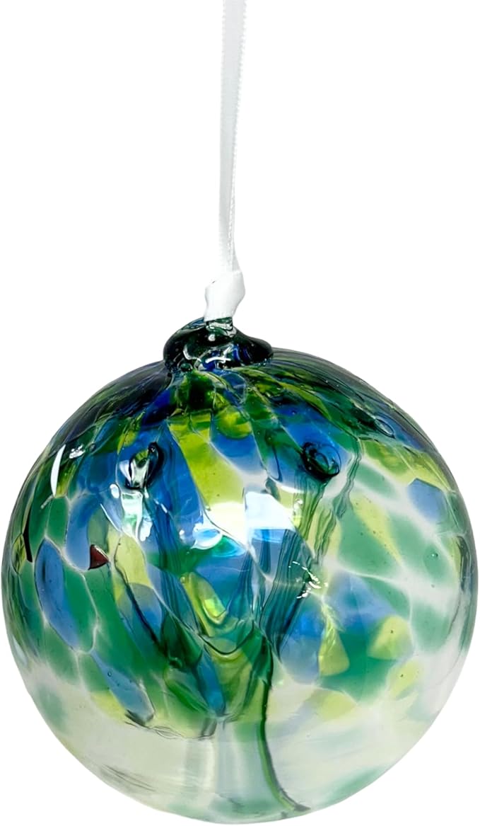 Sea Green Tree of Life Glass Globe - Small 3.5 inch Hand Blown Handmade Hanging Garden Gazing Ball Indoor Outdoor Home Décor