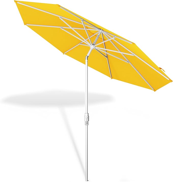 Midtown Umbrellas The Swilt 9 Feet Patio Umbrella in Sunbrella Yellow Acrylic Fabric - Fiberglass Ribs, Auto-Tilt Aluminum Frame For Backyard, Deck, Garden, Pool - White Pole
