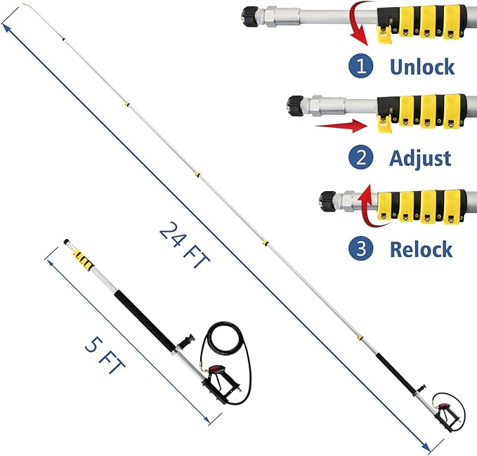 janz Aluminum 24 FT Telescoping Pressure Washer Wand with Pressure Washer Extension Wand,Gutter Cleaner Attachment, 5 Spray Nozzle Tips, 2 Hose Inlet Adapters and Support Harness