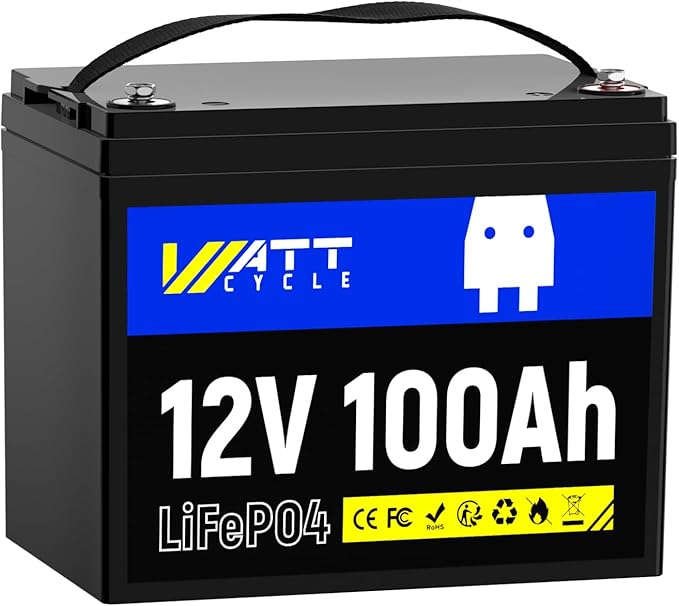 Wattcycle LiFePO4 Lithium Battery 12V 100Ah, Use EV Grade A+ Cell, Buit-in 100A BMS, Low Temperature Protection, Up to 15000 Cycles -Perfect for RV, Solar System, Trolling Motor, etc.