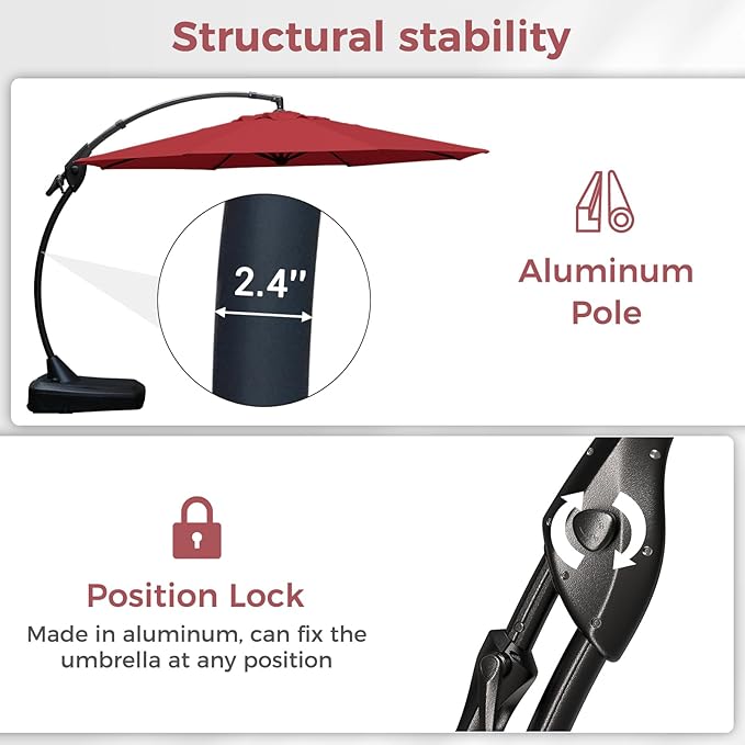 Grand patio 11FT Cantilever Umbrella with Base Outdoor Round Aluminum Offset Umbrella for Garden Backyard (Red, 11 FT)