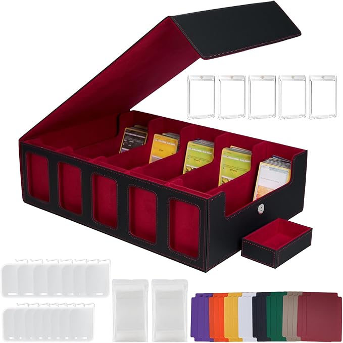 Larger Trading Card Storage Box for Top Loaders, 3900+Card Deck Case with Portable Handle & Commander Display, 500 Sleeves, 5 Toploaders, 15 Stoppers, 24 Dividers, 1 Dice Tray, for MTG/TCG Magic Cards