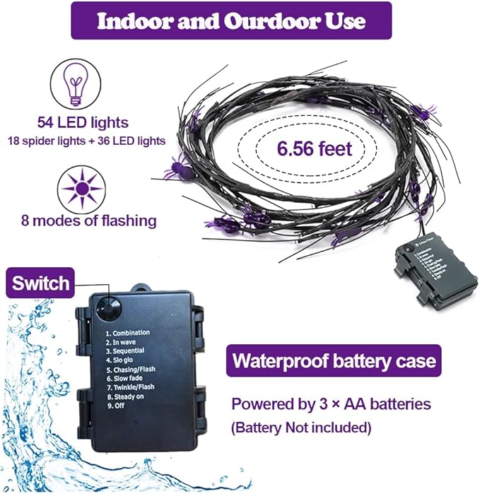 Halloween Decor Lights 6.5 Ft 54 LED Willow Vine Twig with Timer Battery Operated Garland Light 18 LED Spiders and 36 Purple Lights Halloween Party Scary Decoration for Home Wall Fireplace