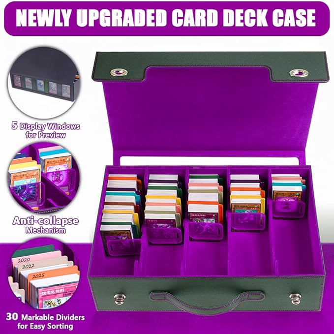 5-Row 3900+ Trading Card Storage Box for MTG, Card Deck Box with Snap-fit Design, 5 Card Sleeves, 10 Stoppers, 80 Dividers and 1 Dice Tray (Black-Purple)